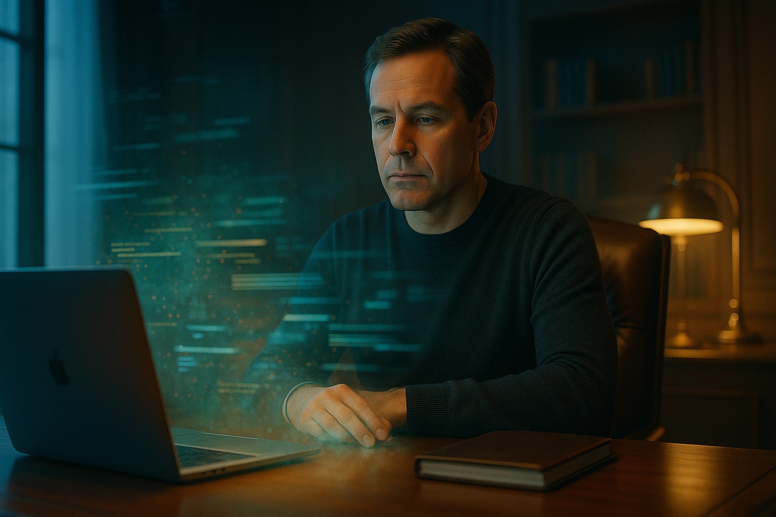 Editorial cinematic photograph of a business operator in a dark merino sweater, paused at a wood-paneled desk with an open laptop, contemplating an output before signing off. Atmospheric cyan and amber holographic data flows hover in the light haze around the desk. Industry/Severance prestige drama aesthetic.